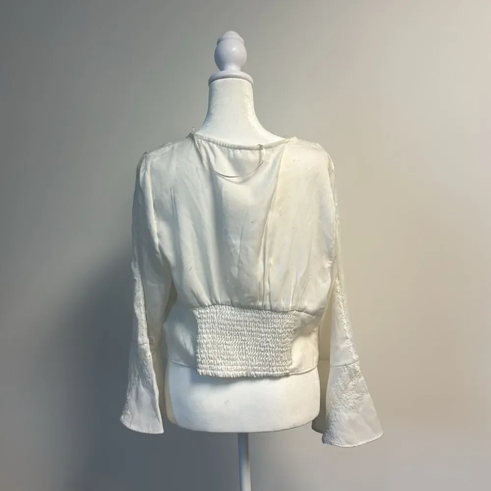 Free People Bed Jacket Long Sleeve Top With Front Ties and Lace White M